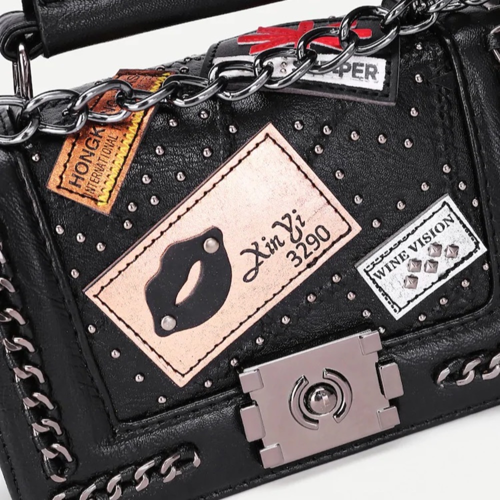 Patch decorated chain cross body bag